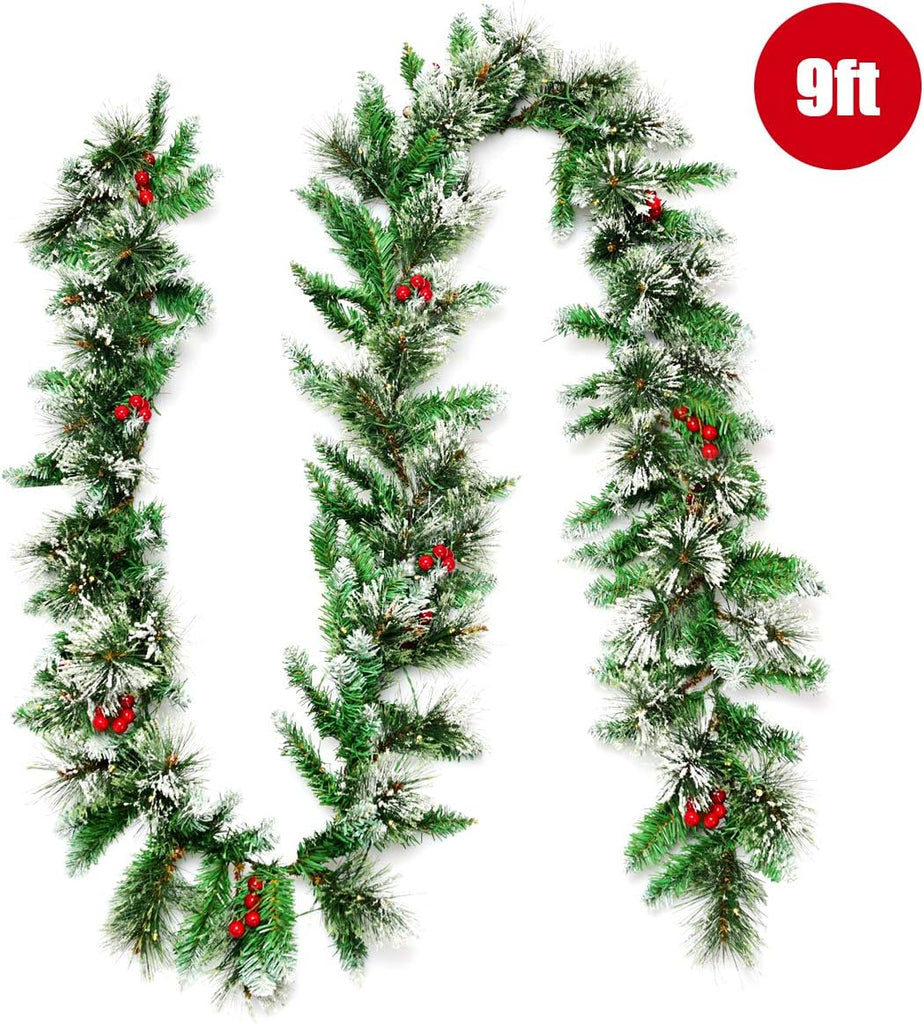 9FT Pre-lit Christmas Garland, Artificial Christmas Pine Rattan w/Timer, 50 LED Lights and Red Berries, Ideal for