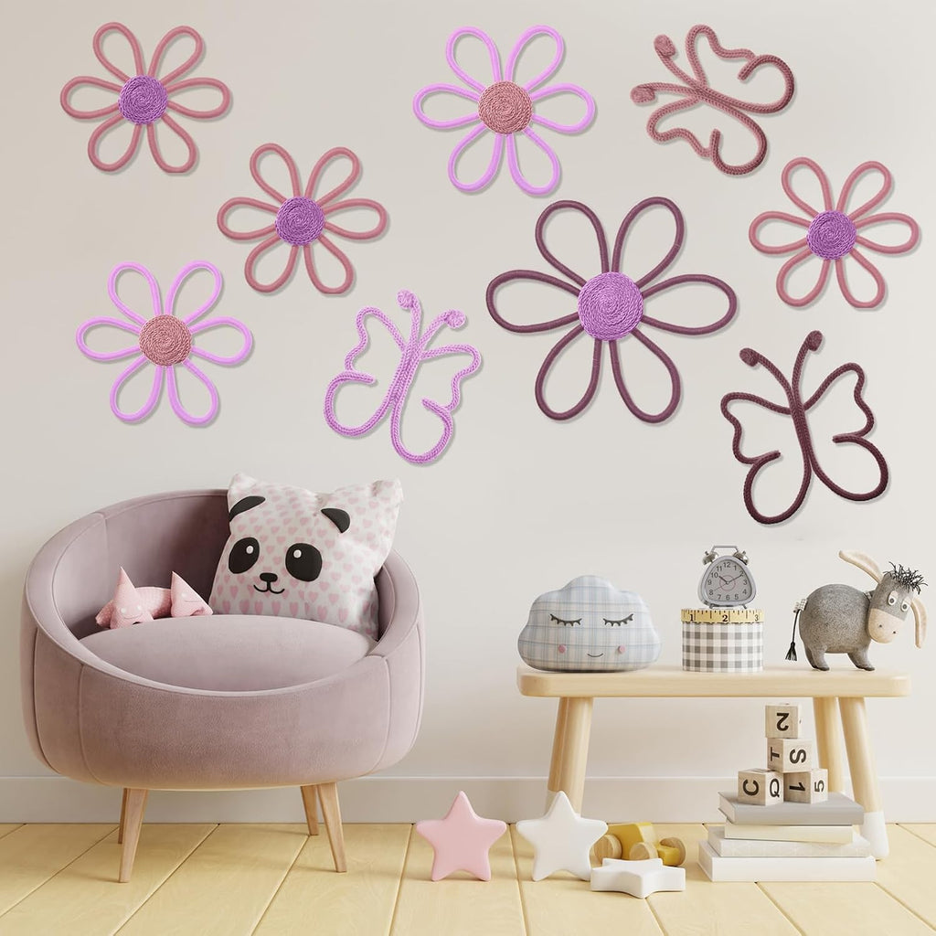 9 Pcs Boho Nursery Decor 3 Size Daisy Flower and Butterflies Woven Macrame Wall Hanging Nursery Bedroom Dorm Wall