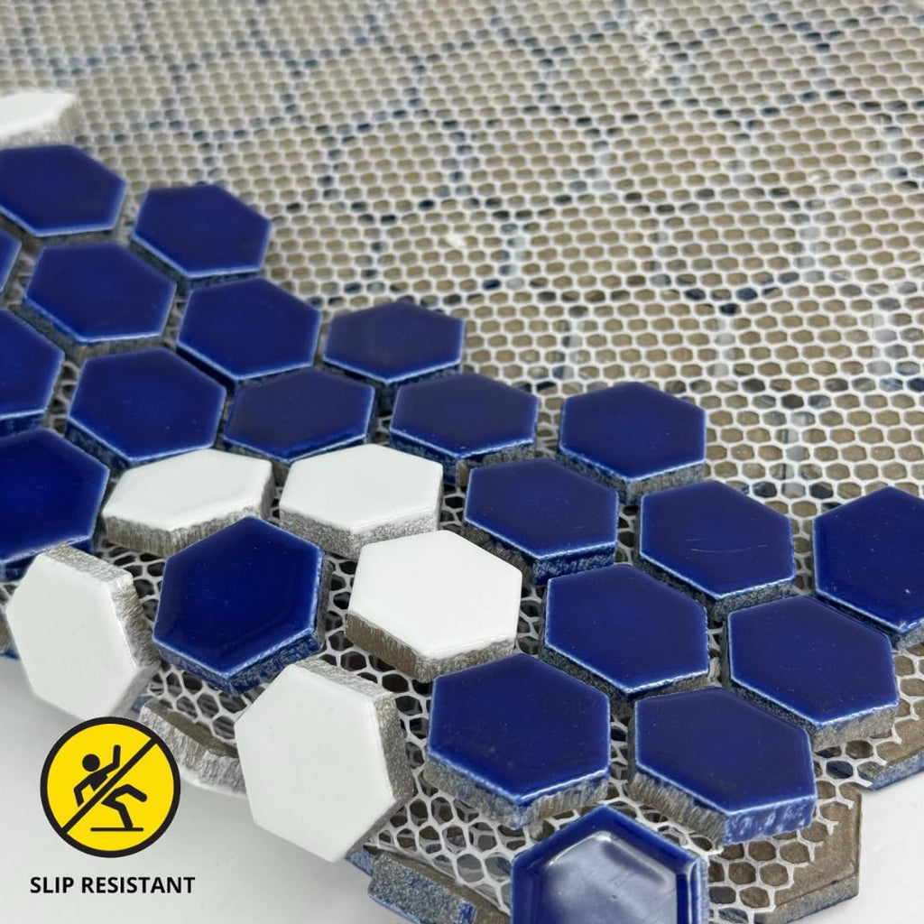 Hexagon Glossy Cobalt Blue with White Flower Pattern Porcelain Mosaic Tile - Wall & Floor Tile for Backsplash