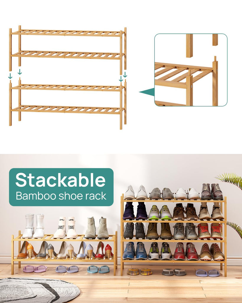 Shoe Rack, 4-Tier Long Shoe Rack, Bamboo Wood Shoe Shelf for Closet & Hallway, Long 33IN | Beautiful | Functional