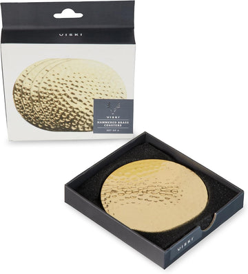 Hammered Brass Coasters, Round Coasters, Brass with Velvet Backing, Protect Tables and Surfaces, Gold - Set of 4