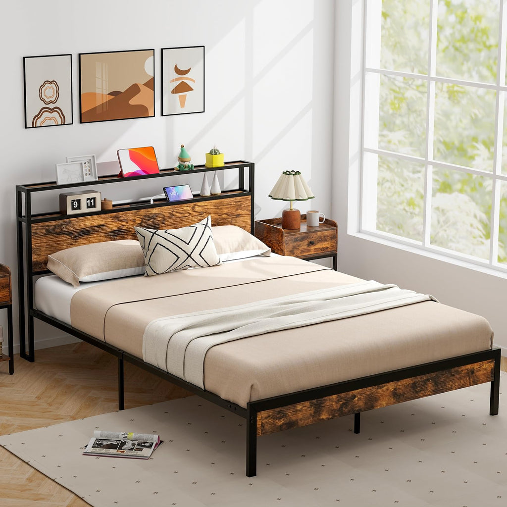 Bed Frame with 2-Tier Storage Headboard, Industrial Metal Platform Bed with Charging Station, Heavy Duty Metal