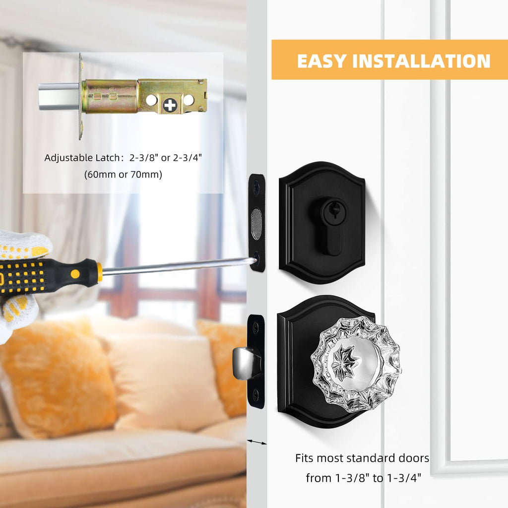 Crystal Glass Passage Door Knob and Single Cylinder Deadbolt Combo Set, Matte Black Finish, Keyed Alike