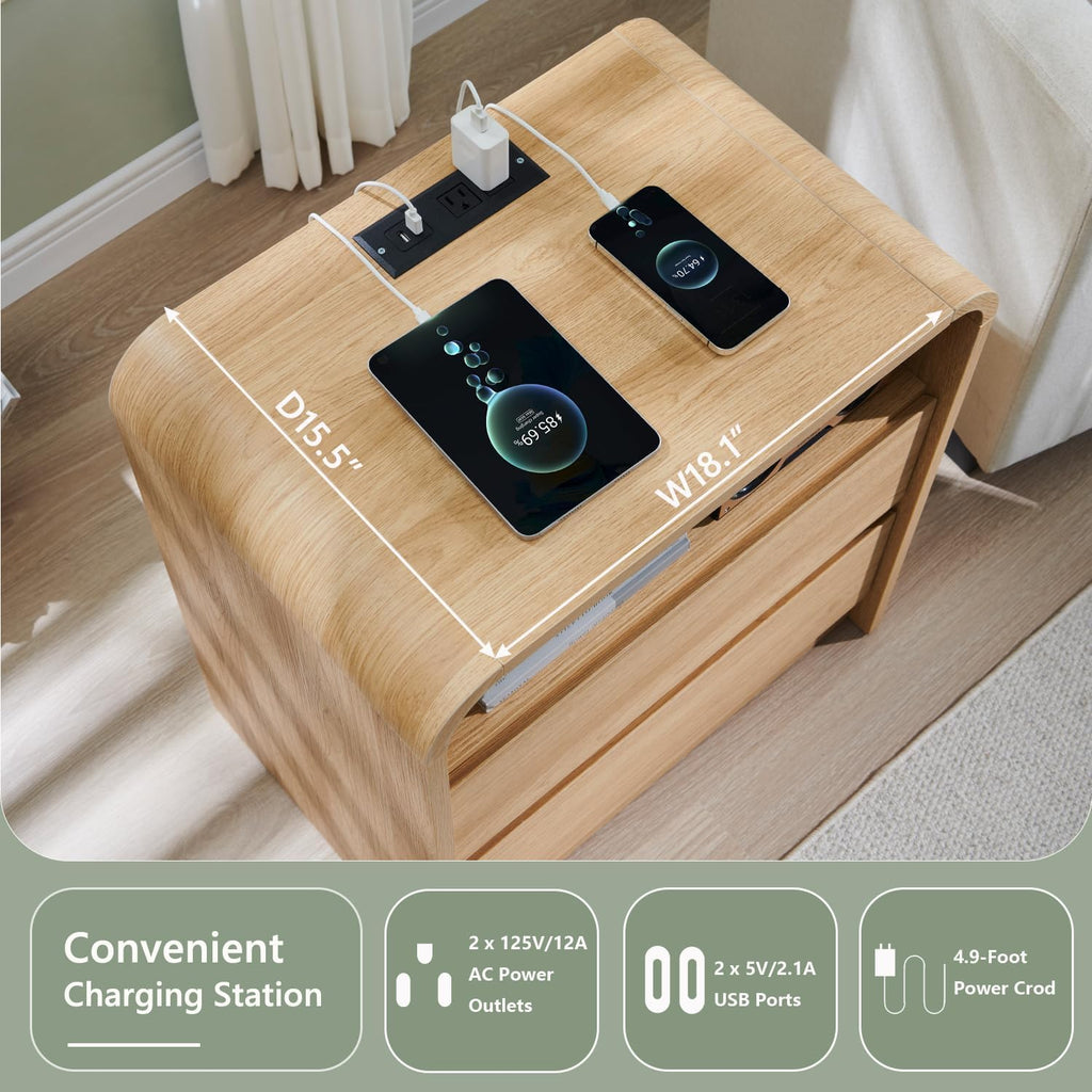 25" Tall Modern Nightstand with Charging Station, 23.6'' Wide Wood Bedside Table w/2 Storage Drawers, Large Mid