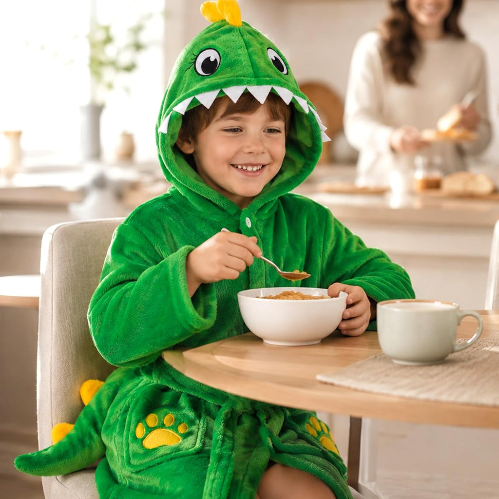 Toddler Dinosaur Lamb Hooded Bathrobe - Soft Flannel Robe with Tail, Belt & Pockets, Cozy Robe for Kids