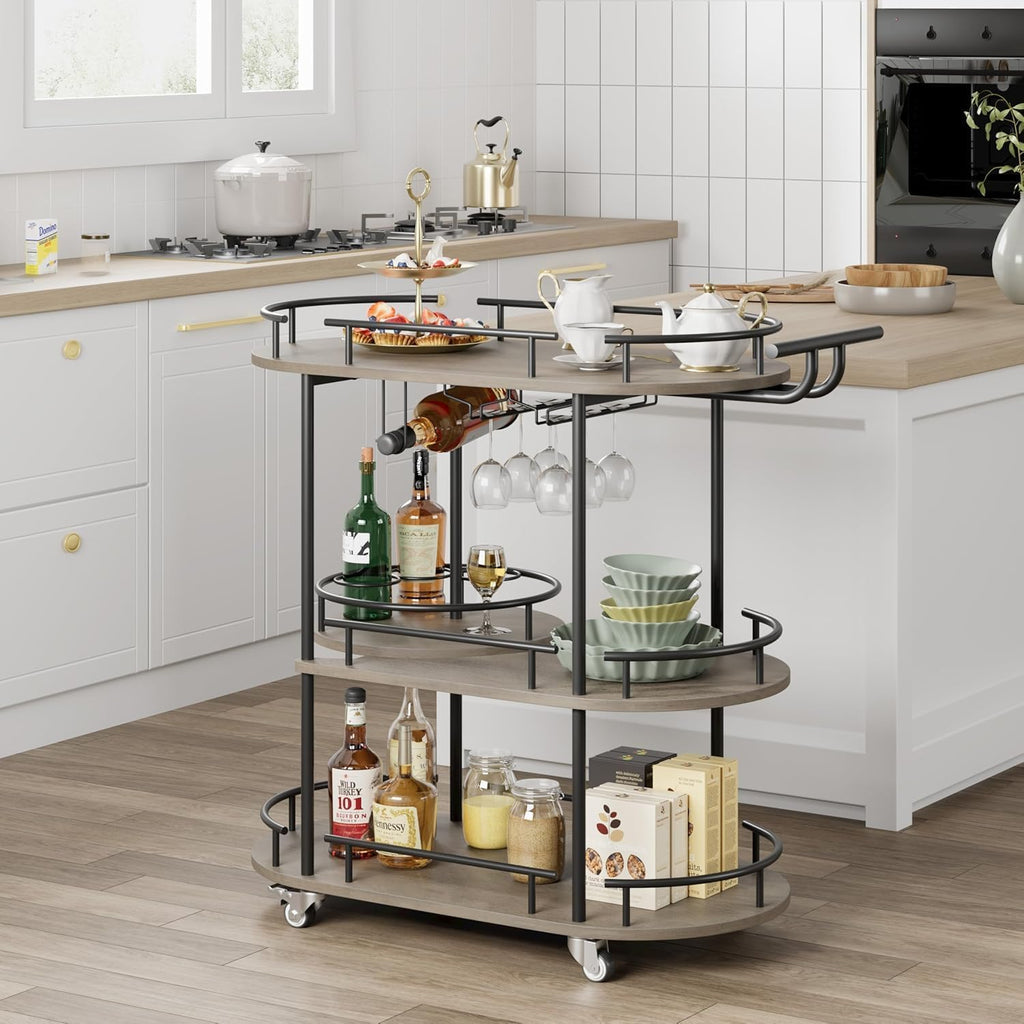 3-Tier Rolling Bar Cart with 360° Rotating Wine Storage Shelf, Mobile Home Bar Serving Cart with Wine Glass Holder &