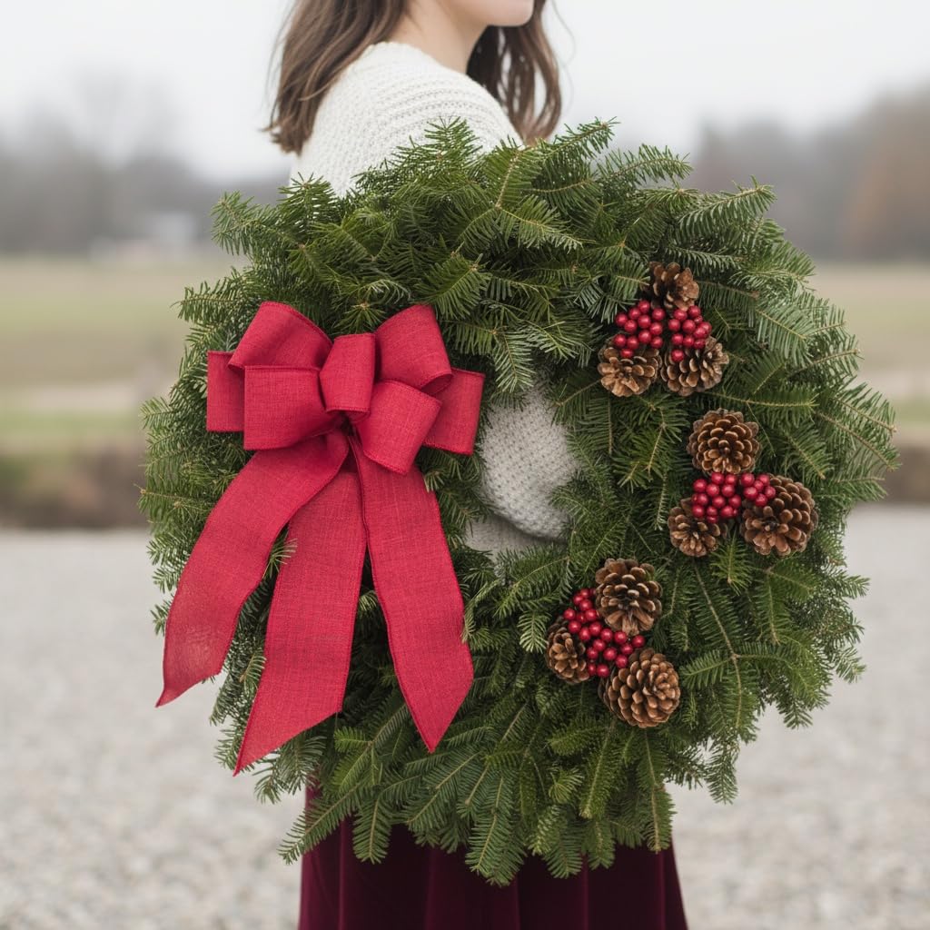 Fresh Christmas Wreath for Front Door 22" - Real Balsam | Live Holiday Evergreens Lasts All Winter Outdoor | Arrives