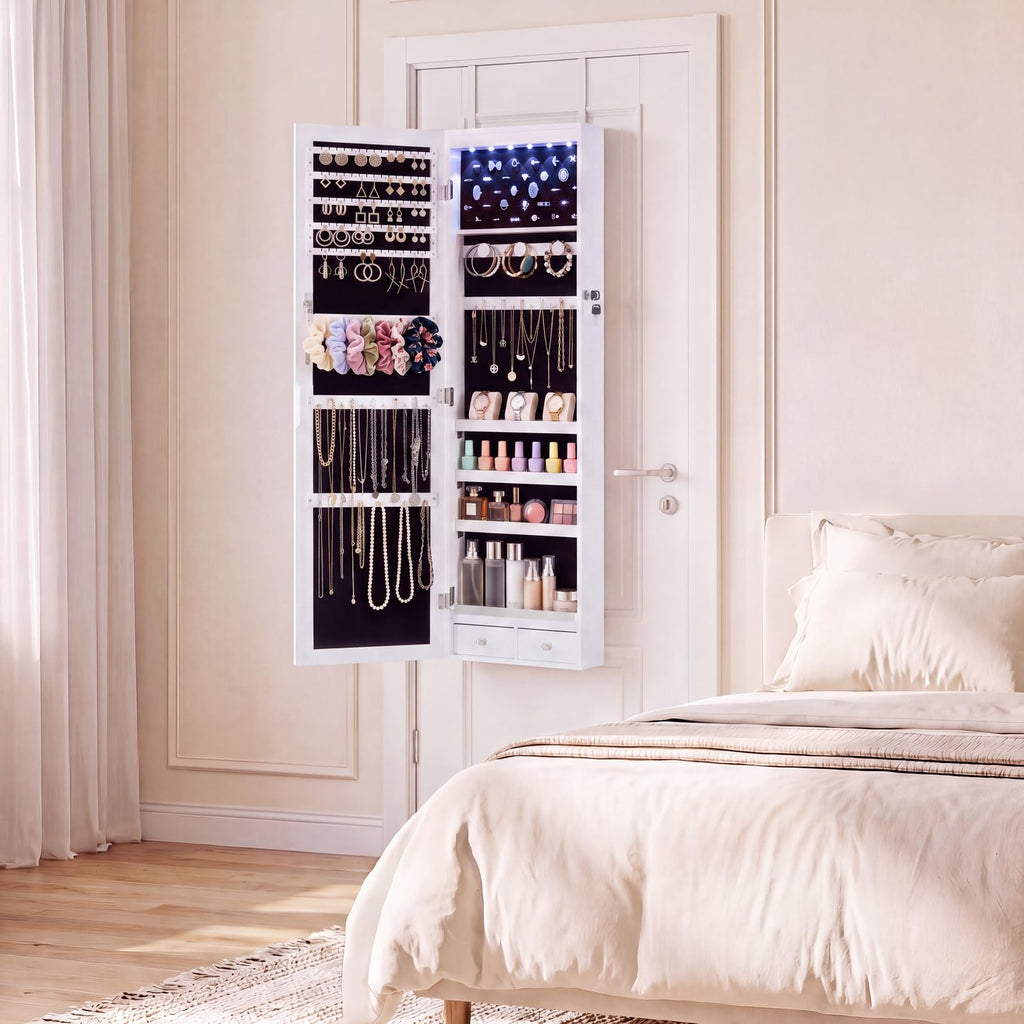 6 LEDs Mirror Jewelry Cabinet, Wall or Door Mounted Jewelry Organizer, 47.2-Inch Tall Lockable Large Capacity