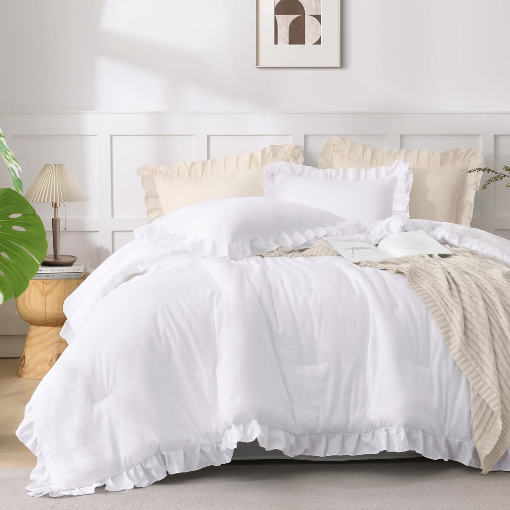 Comforter Set White, 3 Pieces Ruffle Farmhouse Bed Set