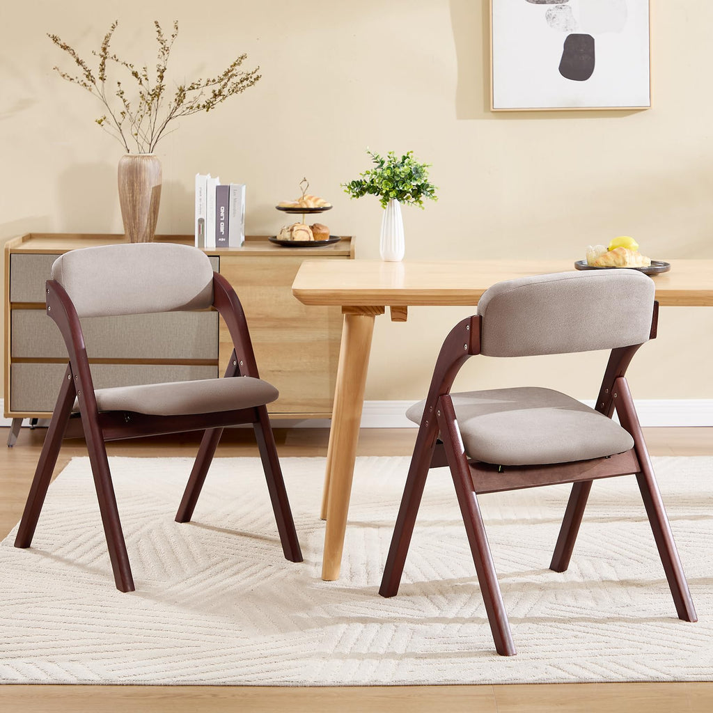 Folding Chairs with Cushion Set of 2, Linen Padded Foldable Dining Chairs, Walnut Wood Folding Dining Chairs