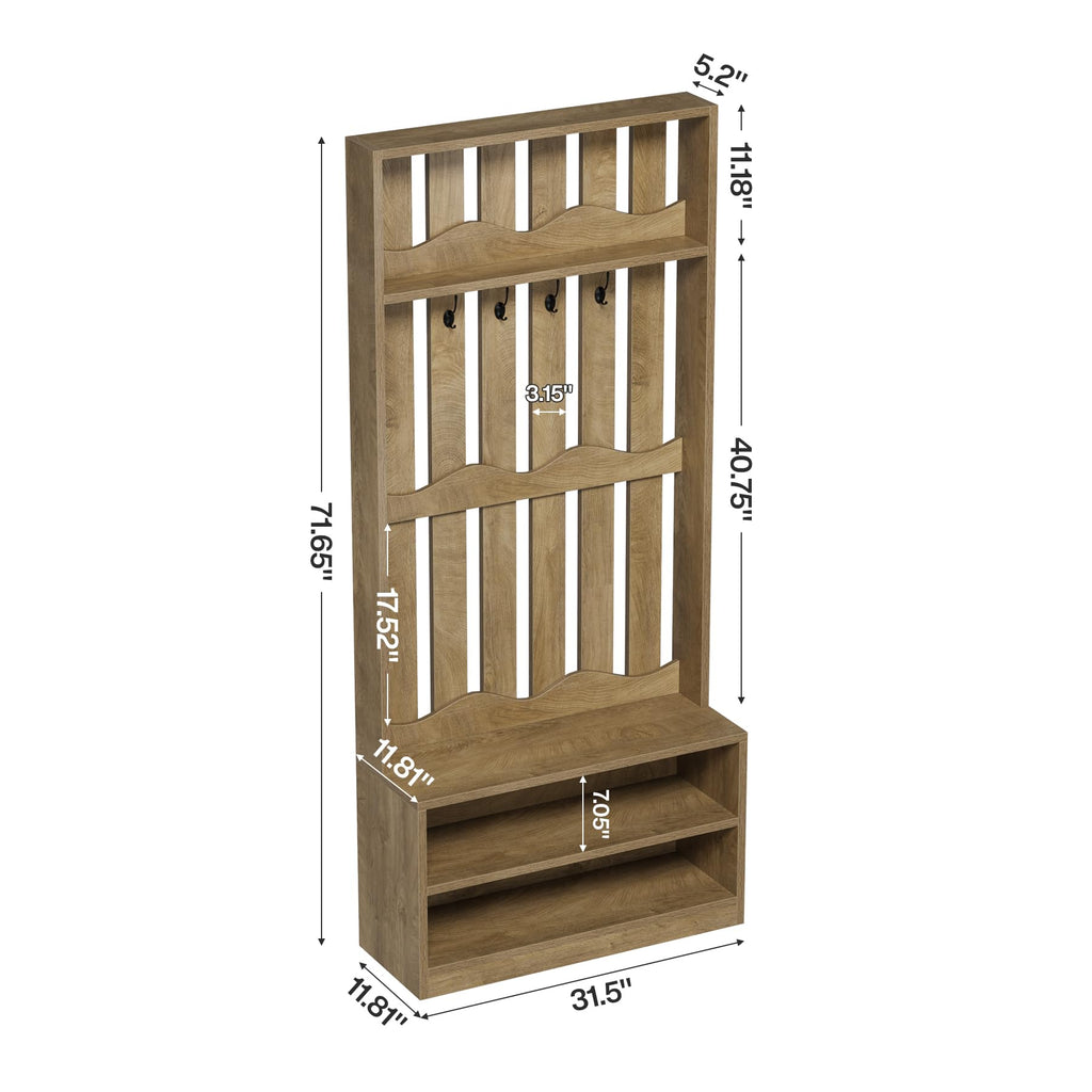 Farmhouse Hall Tree with Bench and Shoe Storage, Rustic Brown
