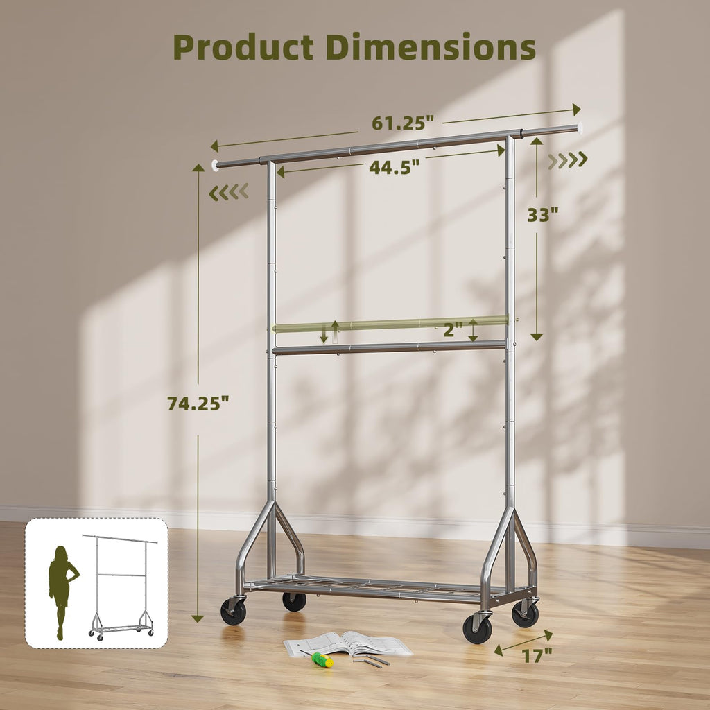 Double Rod Clothing Rack, Heavy Duty Clothes Rack, Chrome