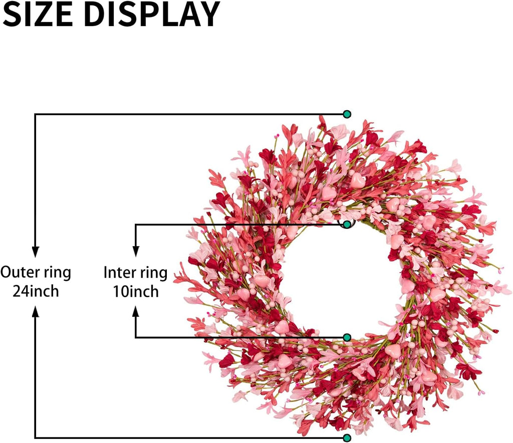 24 Inch Floral Wreath for Valentine's Day - Pink Red Ombre Wreath with Heart Shaped Berry ,Forsythina Flowers Outdoor