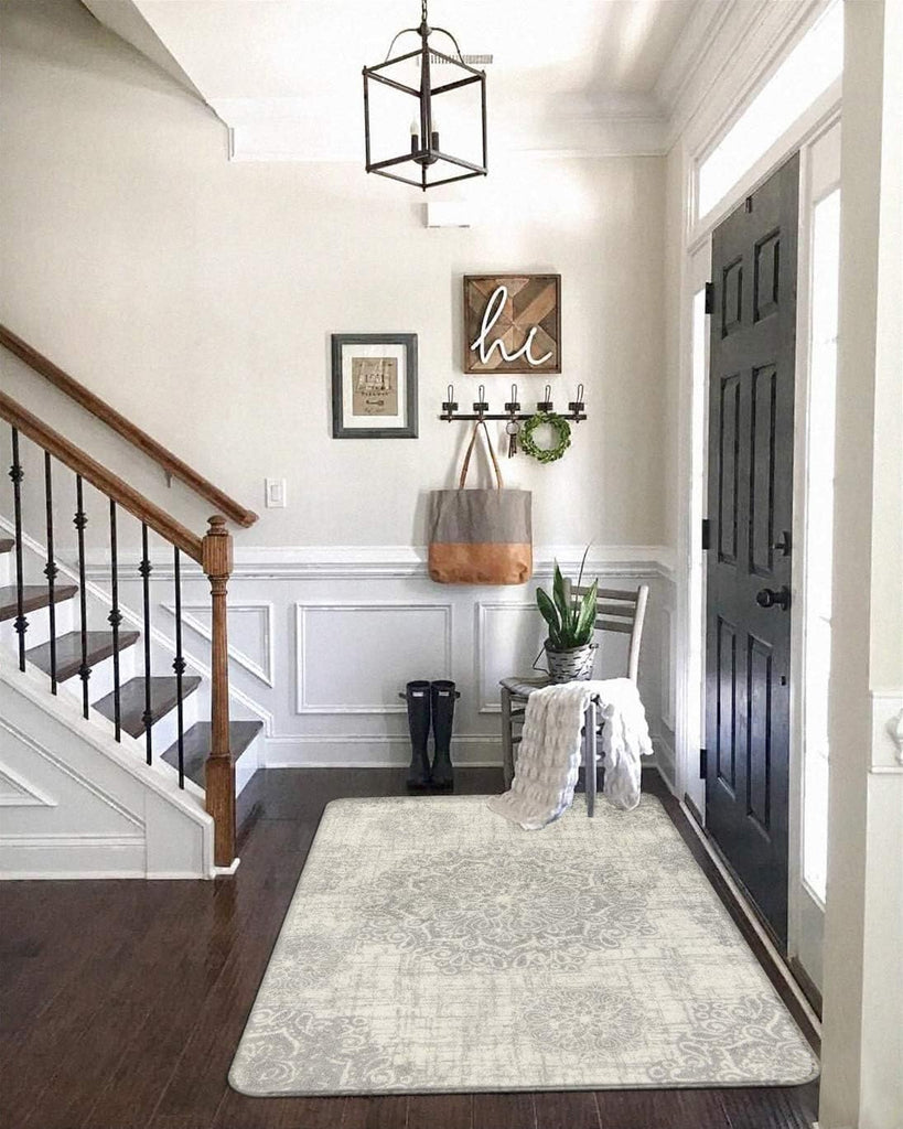 Vintage Medallion Rug - Washable Soft Rug Non Slip Living Room Carpet Distressed Ultra-Thin Area Gray Accent