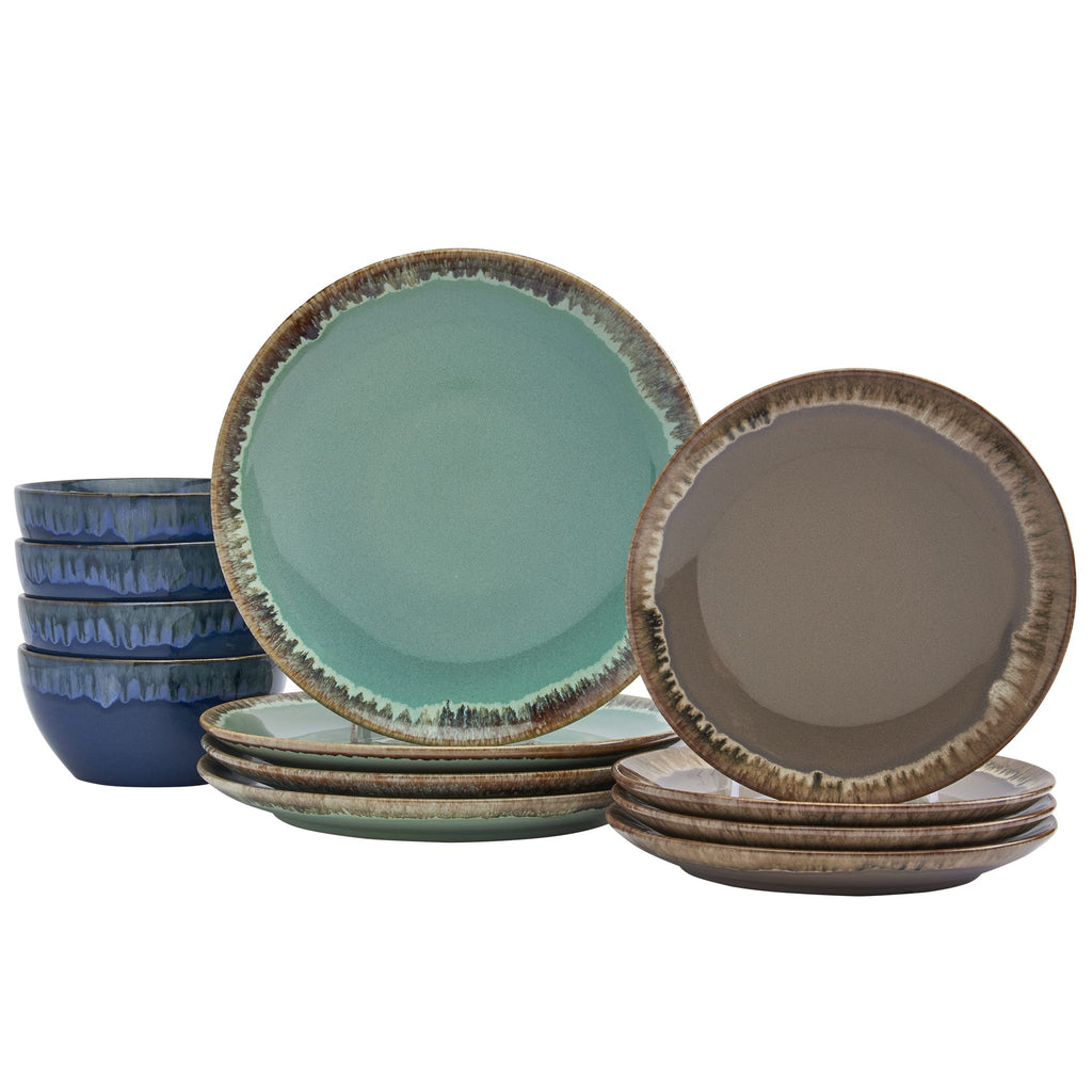 Gallery Tuscan Collection Reactive Glaze 12 Piece Stoneware Dinnerware Set Dining Kitchen Tableware Plates Bowls