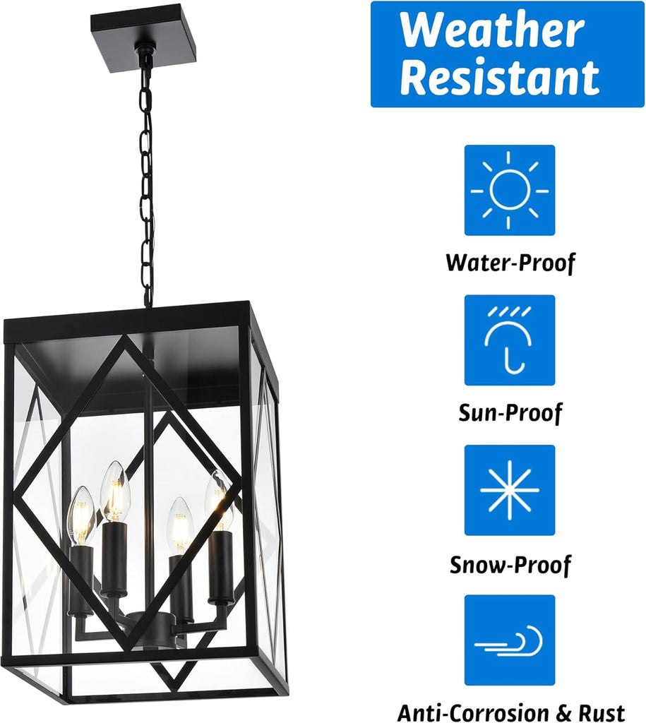 Outdoor Pendant Light 4 Lights Modern Outside Chandelier Outdoor Hanging Lantern Light with Clear Glass