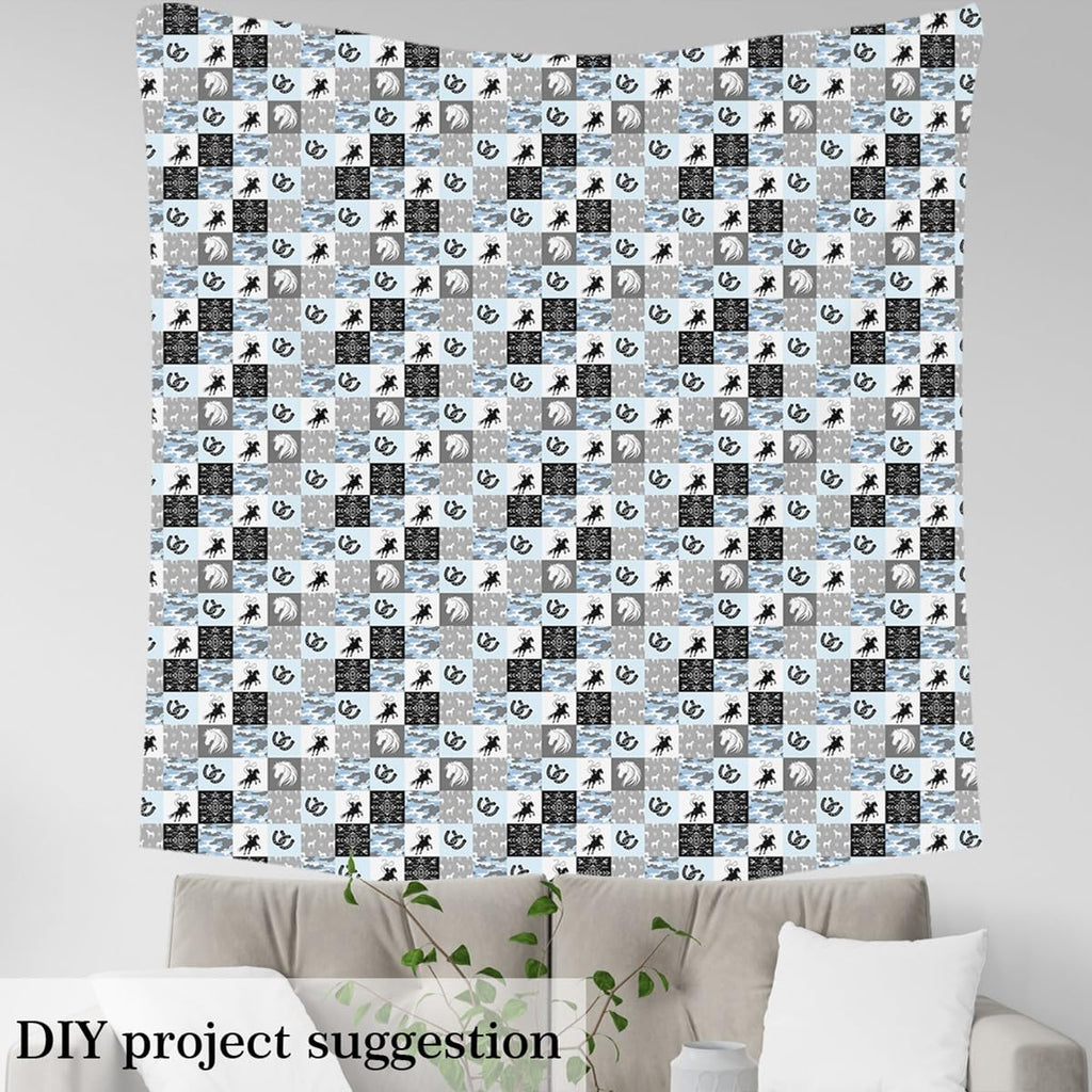 Western Cowboy Fabric by The Yard Blue Gray Camo Plaid Fabrics for Sewing Supplies Tribal Grid Horseshoe Horse