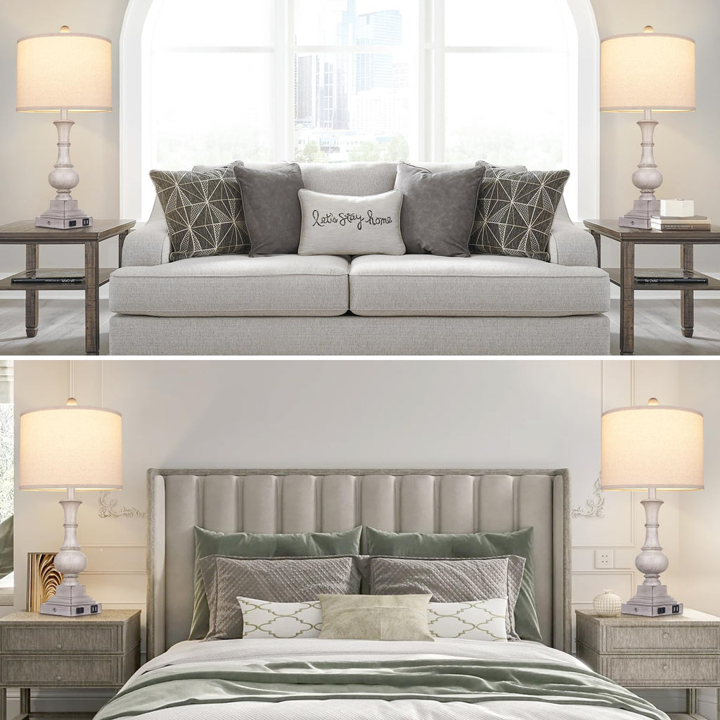 26" Farmhouse Table Lamps Set of 2, Rustic Touch Control Bedside Lamps with 2 USB Ports & AC Outlet, Vintage Resin