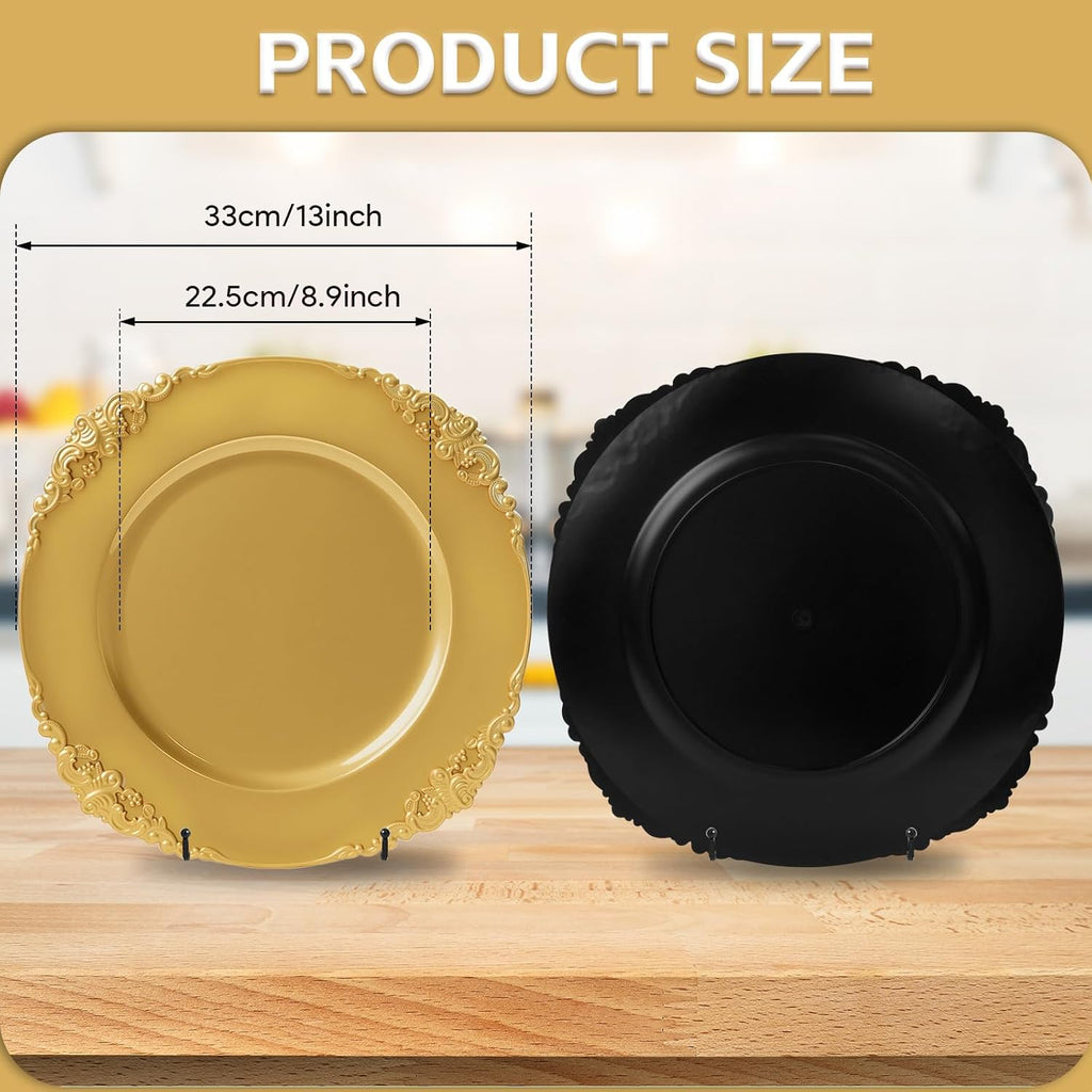 Gold Charger Plates Bulk, 13" Round Charger Plates with Embossed Rim, Decorative Dinner Gold Chargers - Set of 100