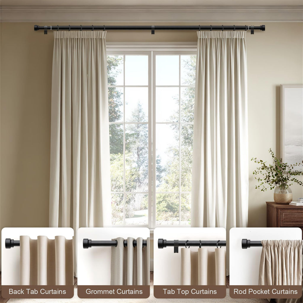 Rn Matte Black Curtain Rods for Windows 72 to 144 Adjustable Length Heavy Duty 1" Diameter Window Curtain Rod with