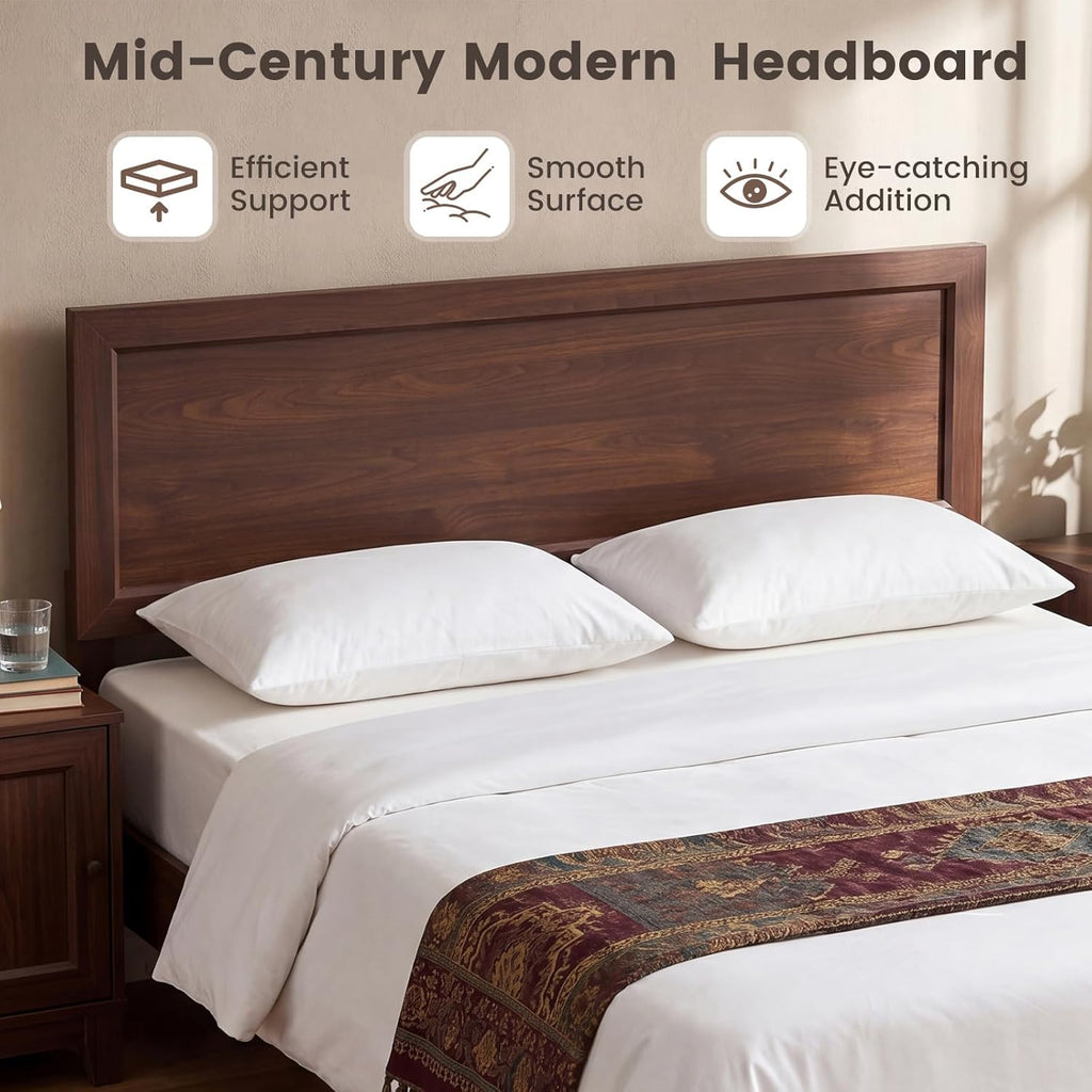 Queen Bed Frame, Mid-Century Modern Platform Bed with Headboard, Wooden Slat Support Mattress Foundation, Under-Bed