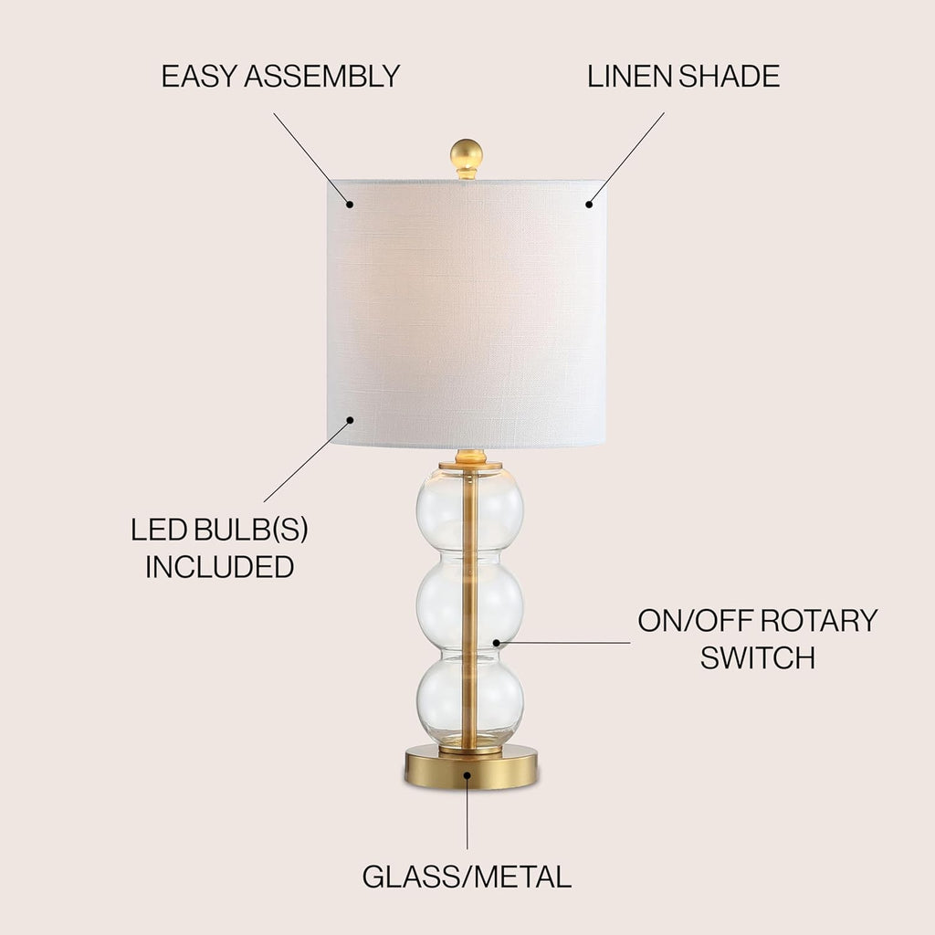 21" Clear/Brass Gold Glass Table Lamp and Living Room, White Linen Shade, Modern Stacked Sphere Bedside Lamp