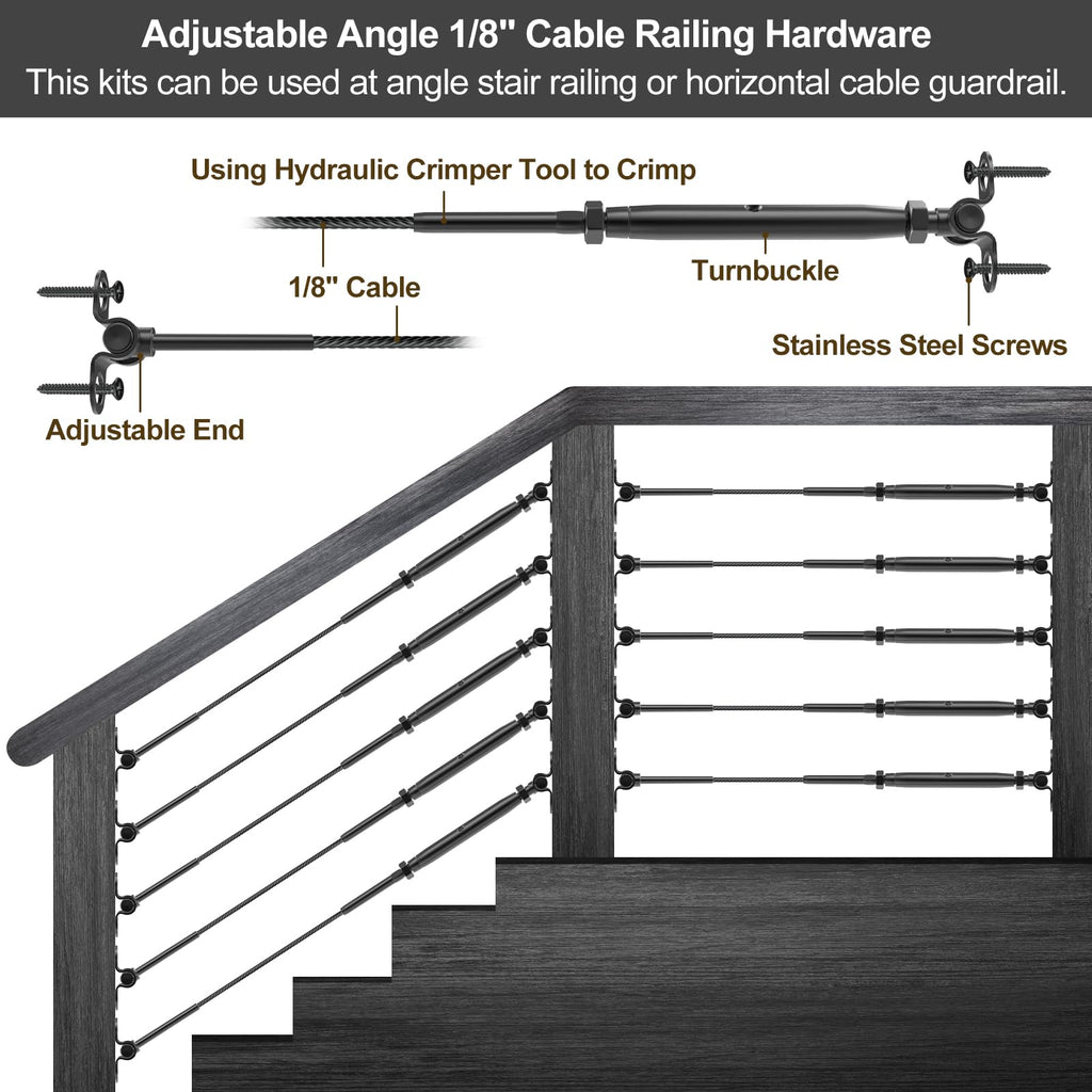 20 Pair 1/8" Black Cable Railing Kit Swage Toggle Turnbuckle Hardware