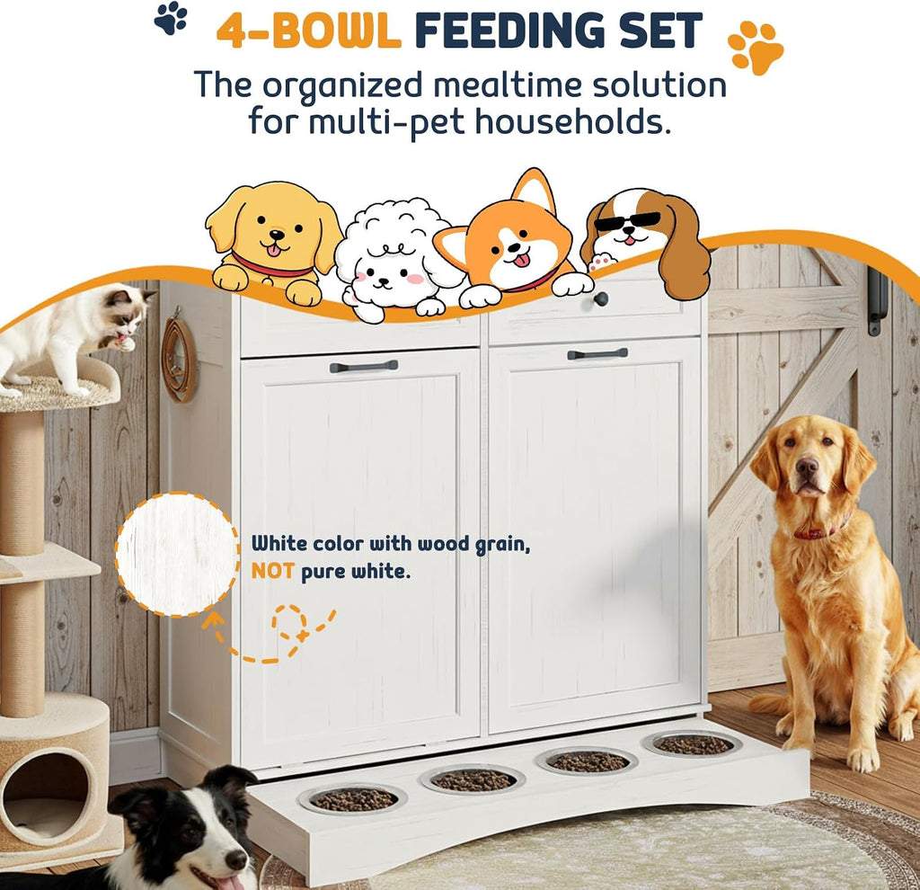 Double Tilt Out Trash Can Cabinet with Dog Bowl, 10 Gallons Dog Food Storage Cabinet, Hidden Trash Can Cabinet