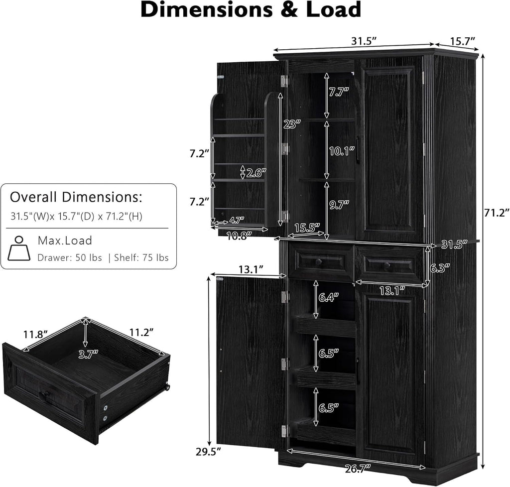 Farmhouse Pantry Cabinet with Drawers and Door Shelves, Black | Farmhouse Pantry Cabinet, Tall Storage Cabinet With