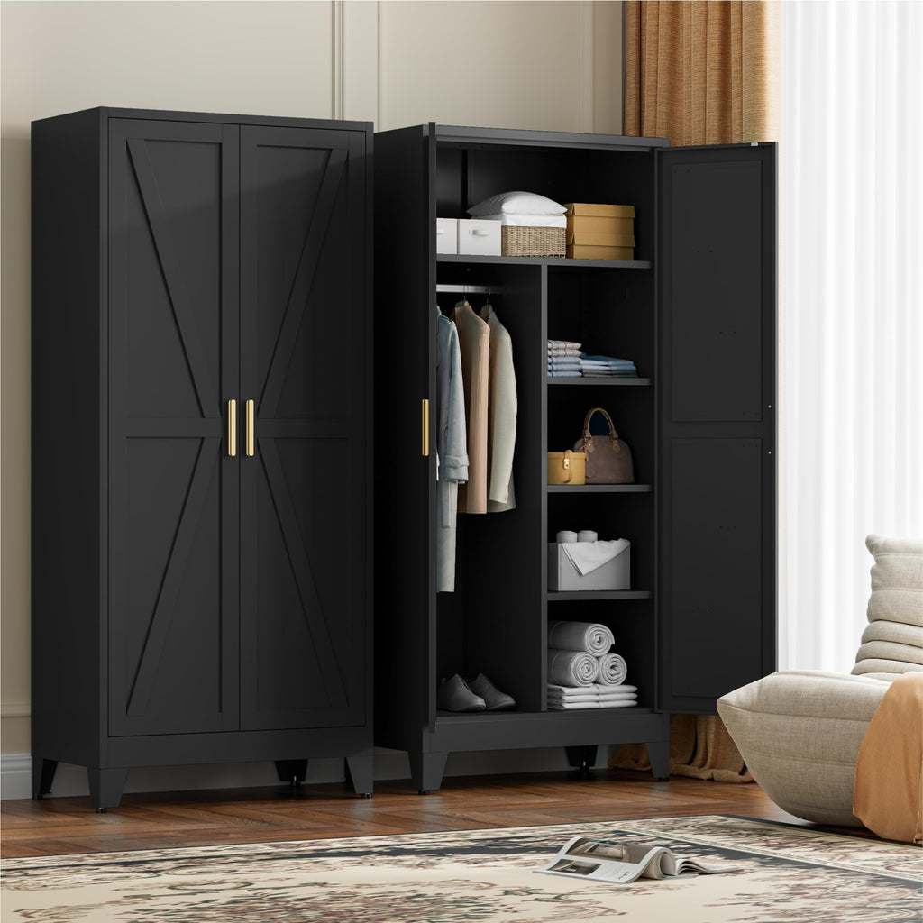 71" Tall Metal Wardrobe Closet with Adjustable Shelves and Hanging Rod, 2 Doors Office Storage Locker Cabinet