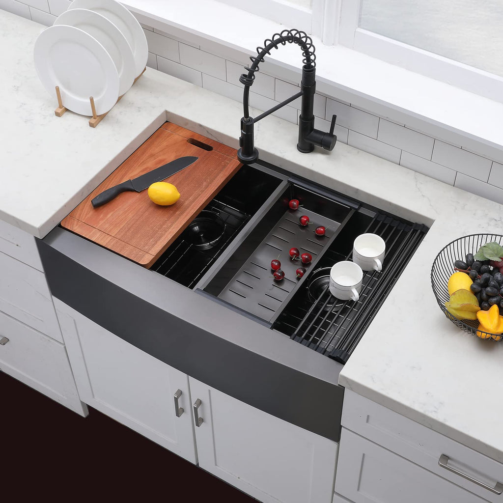 33x22 Inch Gunmetal Black Double Farmhouse Sink, 16 Gauge 50/50 Double Bowl Farmhouse Kitchen Sink, Stainless Steel
