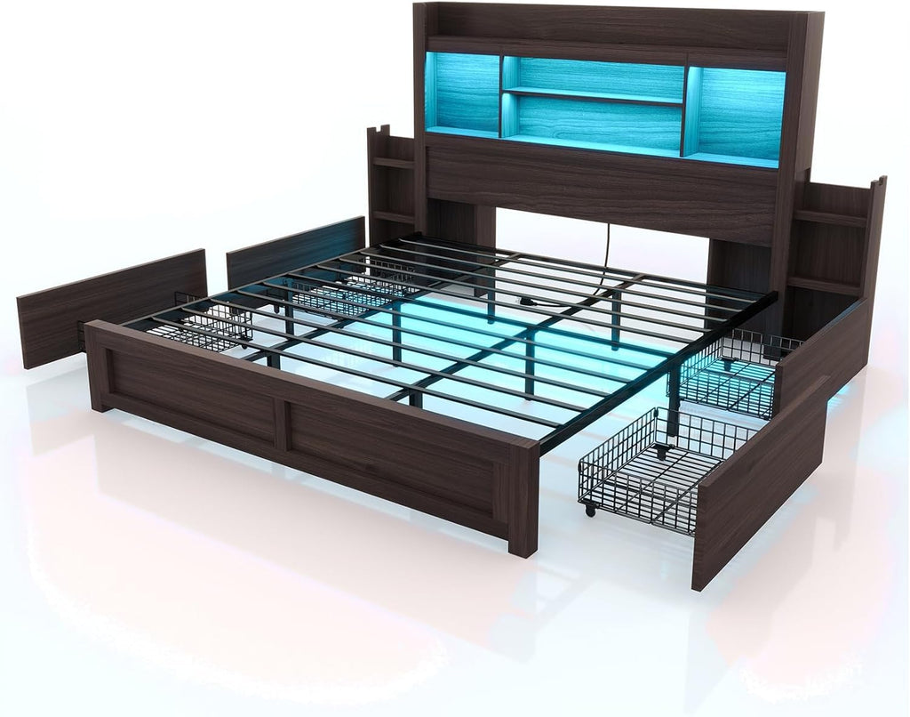 Bed Frame with Bookcase Headboard & Storage, Rustic, Black