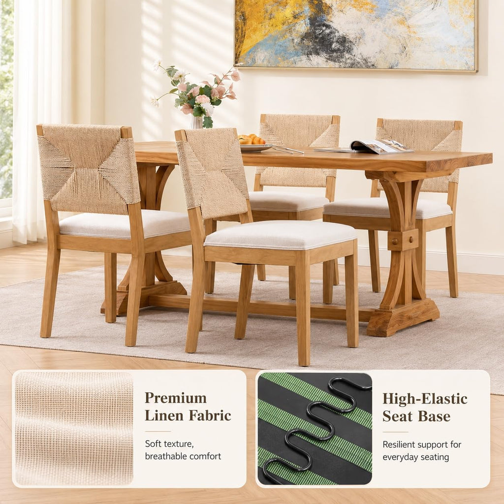 French Country Dining Chairs Set of 4, Beige Farmhouse Wood Dining Room Chairs, Woven Back Linen Upholstered Dining