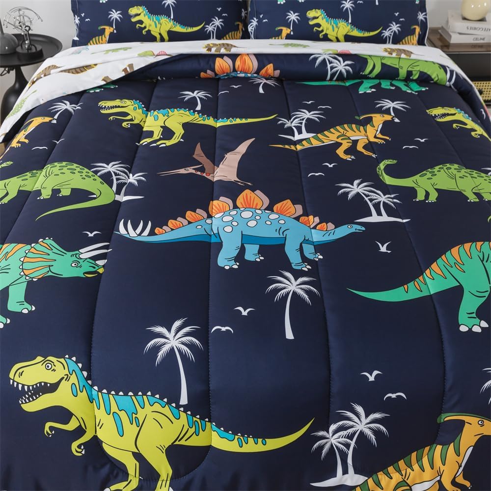 7 Pieces Dinosaur Comforter Full Kids Jungle Dinosaur Bedding Set Bed in A Bag for Boys T-Rex Dino Comforter and