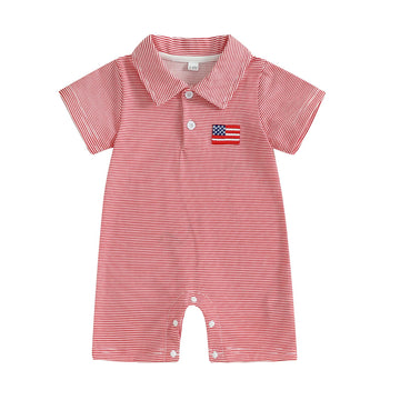 Baby Boy 4th of July Outfit Short Sleeve American Flag Embroidery Collared Romper Button Striped Bodysuit Clothes