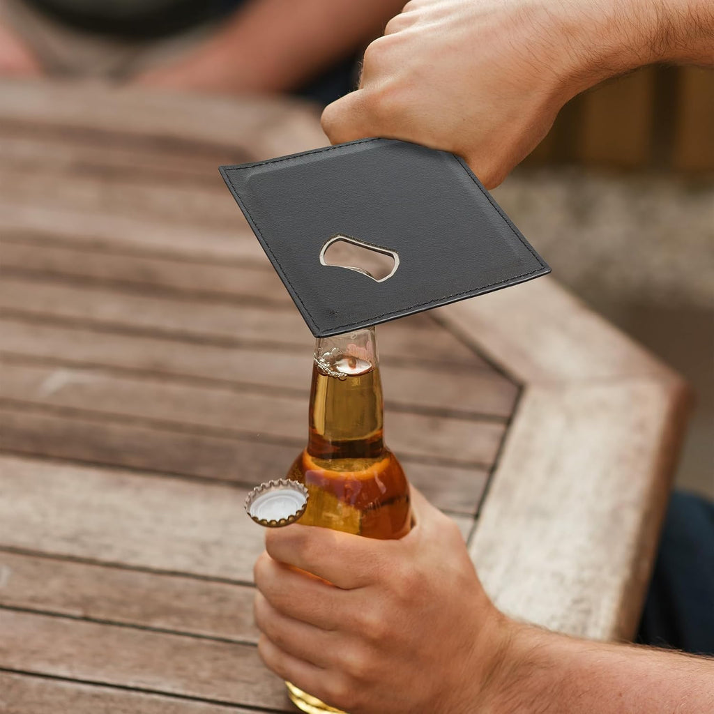 Dual Function Coasters with Built-in Bottle Opener, Stainless Steel & PU Leather Drink Coasters for Tabletop - Set of 4