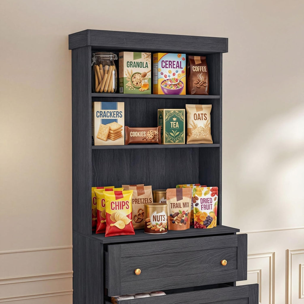 71" Farmhouse Kitchen Pantry Cabinet Set of 2 with Drawers, Black Freestanding Coffee Bar Hutch with Microwave Stand