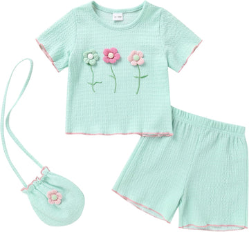 Toddler Baby Girl Clothes Summer Ruffle Short Set Flower Short Sleeves T-Shirt Tops + Shorts Cute Outfits Set
