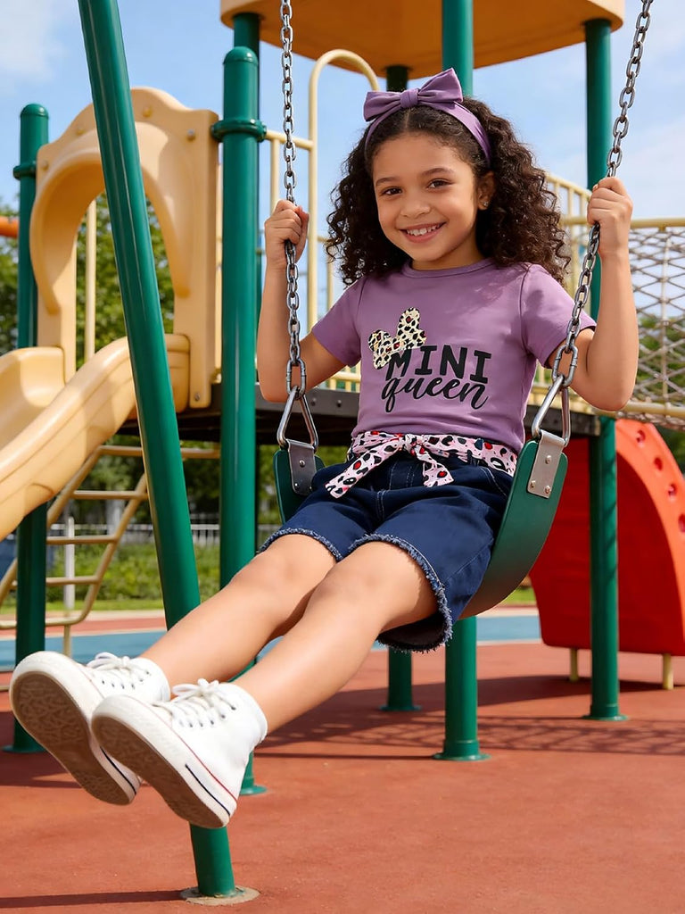 Kids Toddler Girls Summer Clothes Leopard Butterfly Print T-Shirt + Belted Denim Jeans Shorts 3PCS Outfits