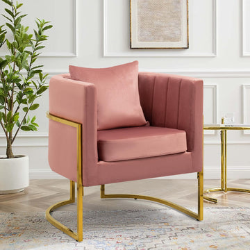 Velvet Accent Chair, Modern Barrel Arm Chair /Bedroom/Beauty Salon, Upholstered Club Armchair with Pillow & Gold