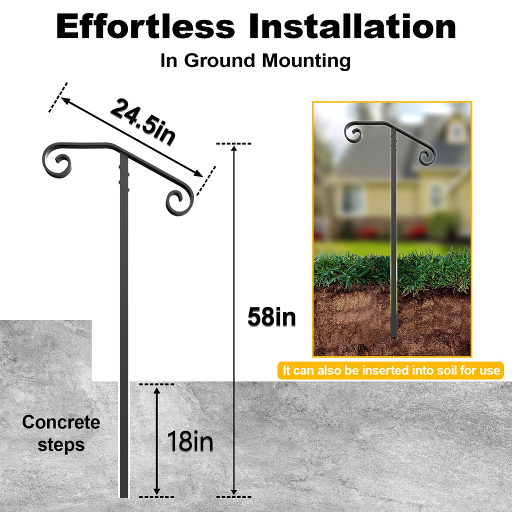 Single Post Handrail, 1 or 2 Steps Handrails for Outdoor Steps, Rust-Proof Wrought Iron Stair Railing in Ground for