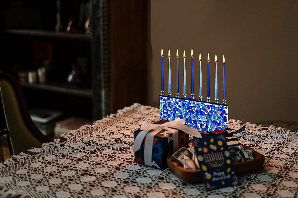 Blue & White Confetti Glass Chanukah - Handcrafted Painted Glass - Fits Standard Candles