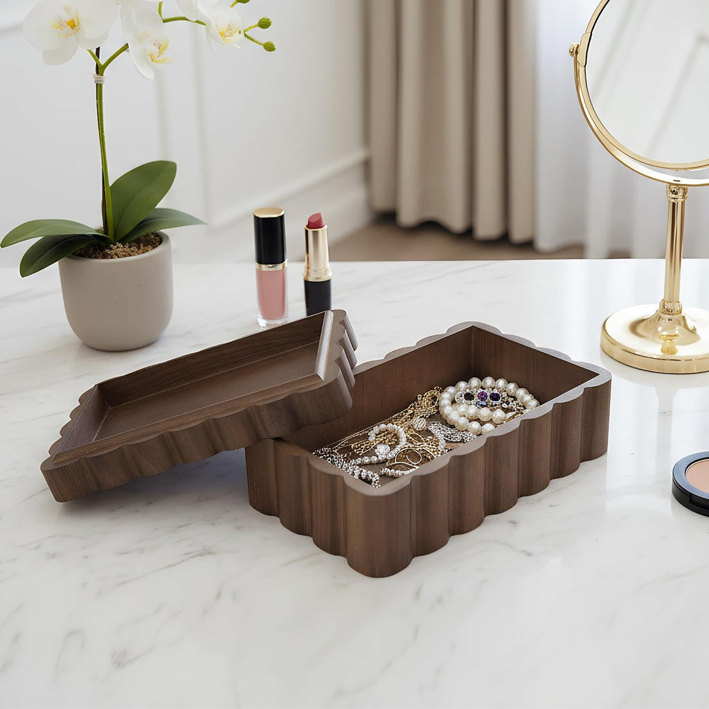 Carved Edge Rubberwood Keepsake Box - Groove Edge Jewelry Box for Trinkets & Photos | Fan shaped wooden jewelry box