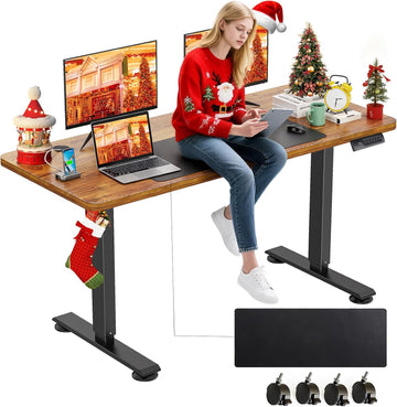 Electric Standing Desk Adjustable Height, 55 x 24 Inch Sit Stand up Desk with Large Mouse Pad, 2 Metal Hook,4
