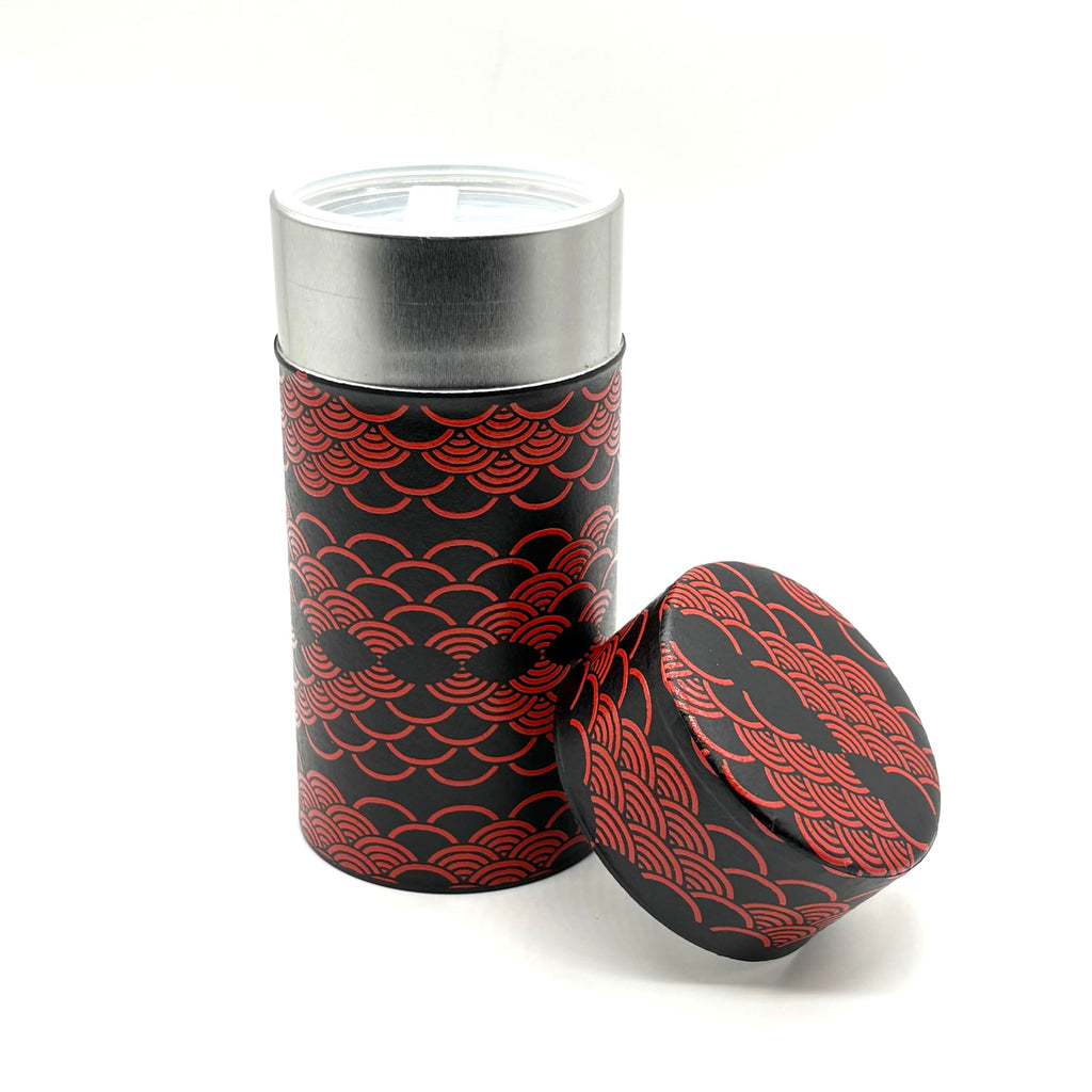 Japanese Tea Canister Tin KAMAKURABORI Nami(Wave) Pattern/Double Lid/Japanese Washi Paper Pasted /200g Tea