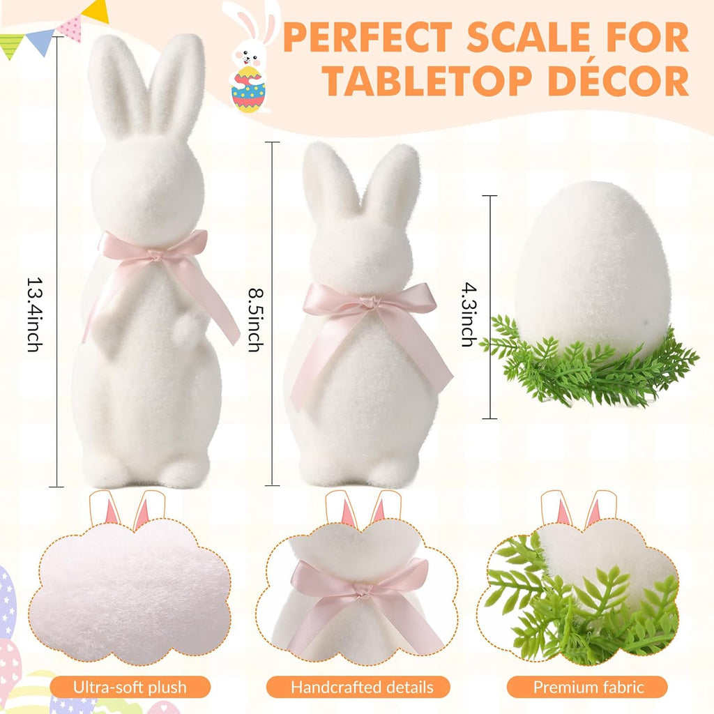 Easter Bunny Decor Set, 3 Pack Pastel Flocked Bow-Tied Bunny Set (13", 8", 4") Bunny Figurines for Spring Home Decor - Set of 3