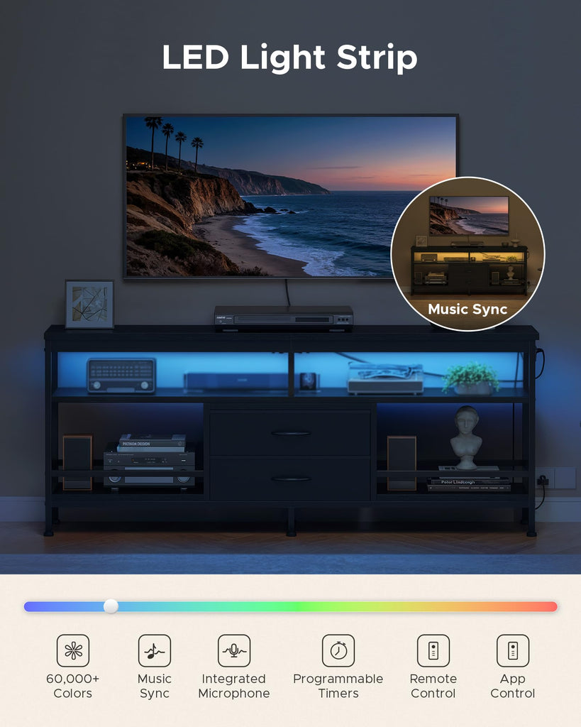 63in TV Stand for 55-75in TVs, LED Lights, Charging Station, Black
