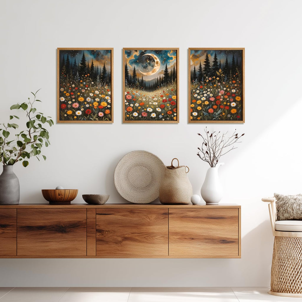 Boho Wildflower Wall Art, Moon Forest Wall Decor, Rustic Mountain Landscape Flower Art Prints, Mystical Starry Night