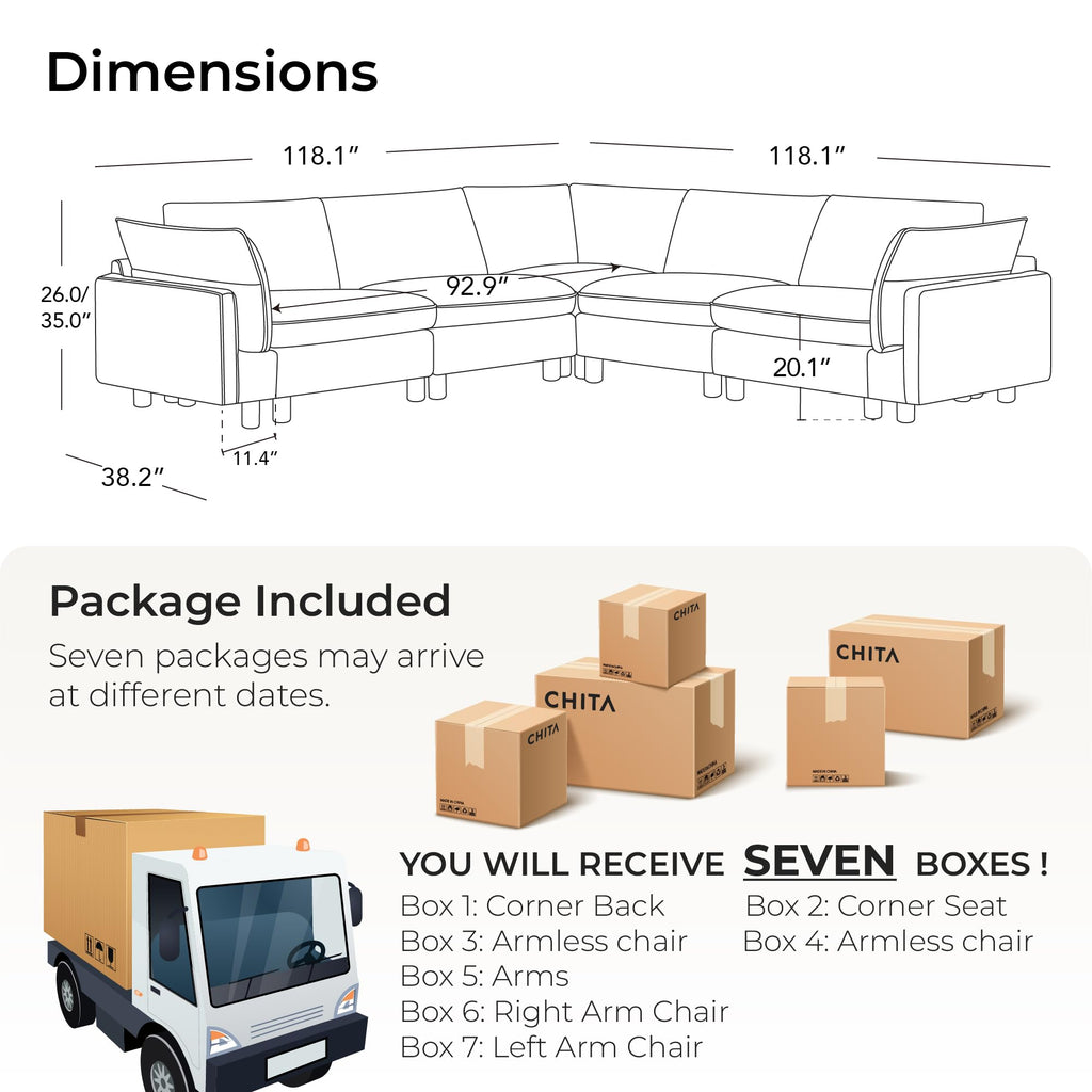 118" Leather Super Large Sectional Couches, Modular Sofa, Premium Genuine Leather Sofa, Down Filled, High Density