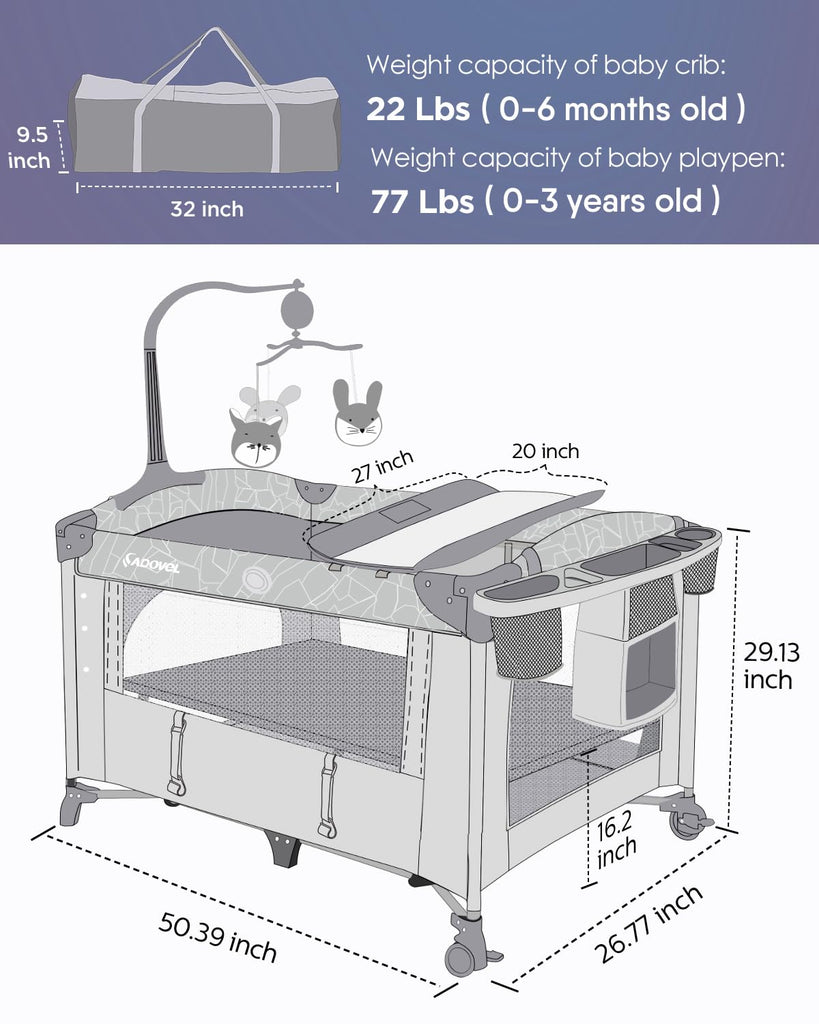 Baby Bassinet Bedside Crib, Play Yard, Diaper Changer, Grey